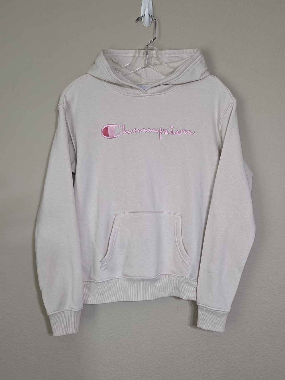 Champion Kid Girl Cream Hoodie Sweatshirt with Pink Logo
